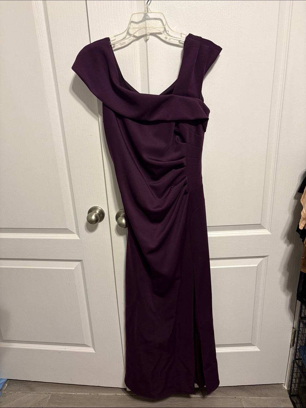 Xscape One-Shoulder Draped Gown in Deep Plum